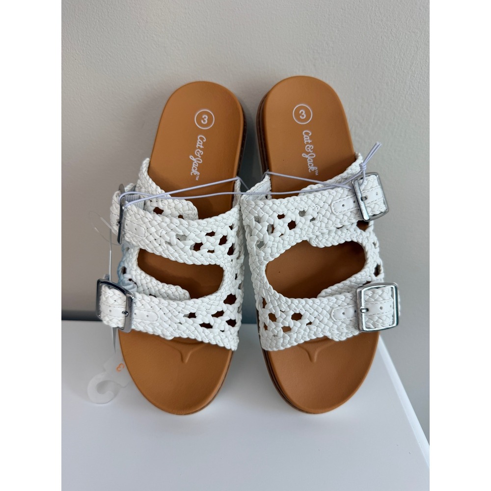 Cat & Jack Woven Slide Sandals Girls Size 3 White Braided Buckle Straps NWT - Picture 4 of 5